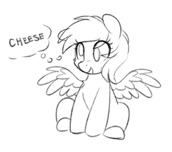 Size: 340x300 | Tagged: safe, artist:higglytownhero, derpibooru import, derpy hooves, pegasus, pony, g4, cheese, food, monochrome, no tail, open mouth, simple background, sitting, sketch, smiling, solo, spread wings, thought bubble, white background, wings