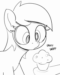 Size: 1860x2315 | Tagged: safe, artist:pabbley, derpibooru import, derpy hooves, pegasus, pony, g4, black and white, female, food, grayscale, hoof hold, hooves, mare, monochrome, muffin, offscreen character, pen drawing, simple background, sketch, sniffing, solo focus, traditional art, white background