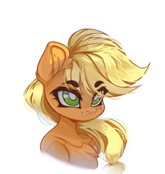 Size: 3906x4096 | Tagged: safe, artist:jfrxd, derpibooru import, applejack, earth pony, pony, g4, bust, chest fluff, female, mare, missing accessory, simple background, solo, white background