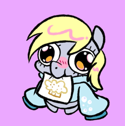 Size: 618x624 | Tagged: safe, artist:paperbagpony, derpibooru import, derpy hooves, semi-anthro, g4, chibi, clothes, cute, derpabetes, hoodie, mouth hold, pink background, simple background, solo