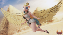 Size: 3840x2160 | Tagged: safe, alternate version, artist:loveslove, derpibooru import, somnambula, anthro, pegasus, plantigrade anthro, g4, 3d, alternate character, belly, belly button, blurry background, breasts, busty somnambula, clothes, egypt, egyptian, egyptian headdress, egyptian pony, feet, female, high res, nail polish, pyramid, sandals, solo, toenail polish, wings