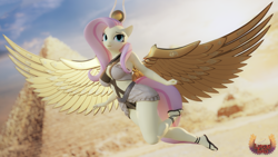 Size: 3840x2160 | Tagged: safe, alternate version, artist:loveslove, derpibooru import, fluttershy, anthro, pegasus, plantigrade anthro, g4, 3d, alternate character, belly, belly button, blurry background, breasts, clothes, egypt, egyptian, egyptian headdress, egyptian pony, feet, female, flying, high res, hootershy, nail polish, pyramid, sandals, solo, toenail polish, wings