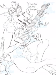 Size: 1535x2048 | Tagged: safe, artist:eversowillow, derpibooru import, discord, anthro, draconequus, g4, alternate design, black and white, bridge piercing, dialogue, ear piercing, earring, electric guitar, eyebrow piercing, grayscale, guitar, horn, horn ring, jewelry, lip piercing, lip ring, male, monochrome, musical instrument, nudity, piercing, playing instrument, pubic fluff, ring, sitting, sketch, solo, speech bubble, tongue piercing, watermark