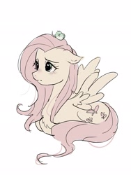 Size: 1536x2048 | Tagged: safe, artist:g5p7r, derpibooru import, fluttershy, bird, pegasus, pony, g4, bird on head, blushing, chest fluff, female, lighter coat, lying down, mare, prone, simple background, solo, white background