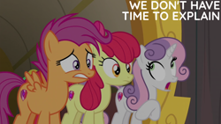 Size: 2000x1125 | Tagged: safe, derpibooru import, edit, edited screencap, editor:quoterific, screencap, apple bloom, scootaloo, sweetie belle, pony, g4, growing up is hard to do, season 9, cutie mark crusaders, female, older, older apple bloom, older cmc, older scootaloo, older sweetie belle, trio, trio female