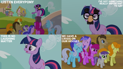 Size: 2000x1125 | Tagged: safe, derpibooru import, edit, edited screencap, editor:quoterific, screencap, berry punch, berryshine, carrot top, doctor whooves, golden harvest, linky, sea swirl, seafoam, shoeshine, tornado bolt, twilight sparkle, unicorn twilight, earth pony, pegasus, pony, unicorn, g4, it's about time, season 2, background pony, bridge, ears back, eyes closed, female, filly, foal, groucho mask, house, laughing, looking up, male, mare, multicolored hair, multicolored mane, multicolored tail, one ear down, open mouth, ponyville, raised hoof, raised leg, stallion, standing on three hooves, tail, talking, text