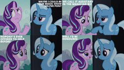 Size: 2000x1125 | Tagged: safe, derpibooru import, edit, edited screencap, editor:quoterific, screencap, starlight glimmer, trixie, pony, unicorn, g4, no second prances, season 6, bedroom eyes, duo, duo female, eyebrows, female, horn, mare, multicolored hair, multicolored mane, multicolored tail, open mouth, raised eyebrow, raised hoof, raised leg, tail, text