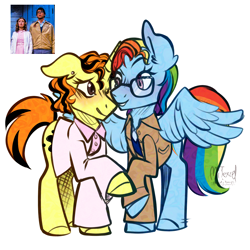 Size: 2700x2700 | Tagged: safe, artist:mitexcel, derpibooru import, rainbow dash, oc, oc:merille artienda, pegasus, pony, unicorn, g4, crossdressing, crossover, duo, female, horn, lesbian, nonbinary, orange mane, orange tail, ponysona, reference included, rocky horror picture show, ship:merilledash, tail, yellow coat