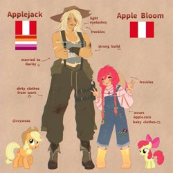 Size: 2048x2048 | Tagged: safe, artist:cryweas, derpibooru import, apple bloom, applejack, earth pony, human, pony, g4, abs, alternate hairstyle, apple sisters, applejack's hat, bandage, boots, bracelet, brown background, clothes, cowboy hat, dirt, dirty, duo, duo female, farmer's tan, female, filly, flag, foal, freckles, gloves, hat, headcanon, humanized, implied lesbian, implied rarijack, implied rarity, implied shipping, jewelry, lesbian pride flag, mare, muscles, oil, overalls, peru, pride, pride flag, reference sheet, shoes, siblings, simple background, sisters, suspenders, sweater, tanktop, wellington boots