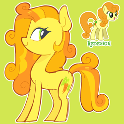 Size: 5000x5000 | Tagged: safe, artist:pilesofmiles, derpibooru import, carrot top, golden harvest, earth pony, pony, g4, alternate coat color, alternate color palette, alternate design, alternate mane color, alternate tail color, curly hair, doodle, eyelashes, green background, looking back, multicolored hair, multicolored mane, outline, profile, redesign, show accurate, simple background, sketch, smiling, solo, three toned mane, three toned tail