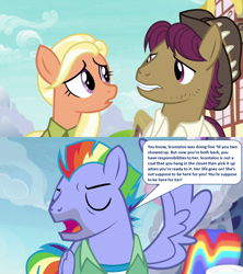 Size: 1280x1440 | Tagged: artist needed, safe, anonymous artist, derpibooru import, edit, edited screencap, screencap, bow hothoof, mane allgood, snap shutter, pegasus, pony, g4, parental glideance, the last problem, alternate ending, alternate scenario, angry, calling out, clothes, comic, eyes closed, female, gritted teeth, hat, headcanon, headcanon in the description, how it should have ended, if only, implied betrayal, implied scootaloo, jacket, karma, lecture, looking at each other, looking at someone, lou smith, male, mare, open mouth, reference in the description, reference to another series, retribution, scolding, speech, stallion, talking, teeth, text, text box, the fresh prince of bel-air, the truth hurts, trio, uncle phil, wing hands, wings, worried