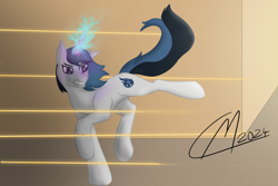 Size: 4774x3191 | Tagged: safe, artist:maître cervidé, derpibooru import, oc, oc only, oc:justice star, unicorn, horn, lightning, magic, one-eyed, running, scar, shooting, signature, solo