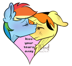 Size: 2196x2000 | Tagged: safe, artist:mitexcel, derpibooru import, rainbow dash, oc, oc:merille artienda, pegasus, pony, unicorn, g4, comforting, female, heart, horn, lesbian, nonbinary, orange mane, orange tail, tail, yellow coat