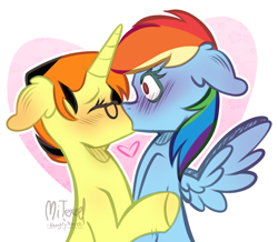 Size: 2000x1740 | Tagged: safe, artist:mitexcel, derpibooru import, oc, oc:merille artienda, pegasus, pony, unicorn, g4, blushing, female, glasses, horn, kiss on the lips, kissing, lesbian, nonbinary, orange mane, ship:merilledash, yellow coat