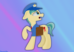 Size: 3508x2480 | Tagged: safe, artist:samenandsam, derpibooru import, proper postal, crystal pony, pony, g4, bag, clothes, gradient background, hat, high res, looking at something, mailpony, mailpony uniform, male, open mouth, postman's hat, saddle bag, solo, stallion, surprised, uniform