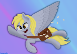 Size: 3508x2480 | Tagged: safe, artist:samenandsam, derpibooru import, derpy hooves, pegasus, pony, g4, bag, female, flying, gradient background, happy, high res, letter, looking at something, mail, mailmare, mailpony, mailpony uniform, mare, open mouth, saddle bag, solo, spread wings, wings