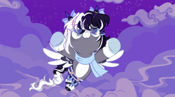 Size: 7212x4000 | Tagged: safe, artist:michiharas, derpibooru import, oc, oc only, oc:oreo cream, pegasus, pony, :3, absurd resolution, black and white mane, black and white tail, blue bow, blue eyes, blue scarf, bow, clothes, coat markings, colored belly, colored hooves, colored pupils, colored wings, colored wingtips, eye clipping through hair, facial markings, female, female oc, flying, fringe, garters, gray coat, hair accessory, hair bow, hairclip, heart, heart eyes, hooves, leg markings, long mane, long tail, mane accessory, mane clip, mare, mare oc, mismatched hooves, night, outdoors, pale belly, scarf, shiny hooves, snip (coat marking), socks, socks (coat marking), solo, speckled, spread wings, tail, two toned mane, two toned tail, two toned wings, white belly, white wingtips, wingding eyes, wings