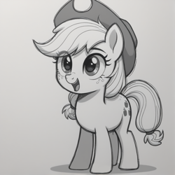 Size: 790x790 | Tagged: safe, ai content, derpibooru import, generator:stable diffusion, machine learning generated, applejack, earth pony, pony, g4, applejack's hat, clothes, cowboy hat, cute, female, generator:bluefox mix, happy, hat, mare, nose wrinkle, open mouth, open smile, prompter:adorablebluefox, simple background, smiling, solo, standing