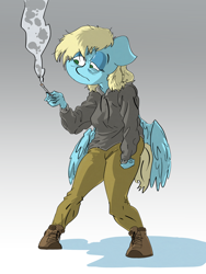 Size: 3600x4800 | Tagged: safe, artist:ponny, derpibooru import, oc, oc only, oc:steam cloud, anthro, pegasus, plantigrade anthro, anthro oc, bags under eyes, blonde, blonde mane, blonde tail, blue coat, boots, cigarette, cigarette smoke, clothes, colored, commission, ears, eyelashes, floppy ears, gradient background, gray hoodie, green eyes, holding, hoodie, lidded eyes, looking at something, no catchlights, no pupils, pants, partially open wings, pegasus oc, sad, shadow, shoes, smoke, smoking, solo, standing, tail, wings