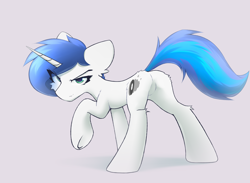 Size: 3000x2200 | Tagged: safe, artist:o0o-bittersweet-o0o, derpibooru import, oc, oc only, oc:shifting gear, pony, unicorn, big ears, blue mane, blue tail, butt, butt fluff, cheek fluff, commission, concave belly, ear fluff, ears, eye clipping through hair, eyelashes, featureless crotch, green eyes, horn, looking at you, male, male oc, narrowed eyes, plot, raised hoof, raised leg, side view, simple background, slender, smiling, smirk, solo, stallion, stallion oc, standing, standing on three hooves, tail, thin, two toned mane, two toned tail, underhoof, unicorn oc, white coat, ych result