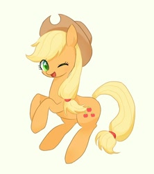 Size: 1206x1357 | Tagged: safe, artist:qktlik, derpibooru import, applejack, earth pony, pony, g4, female, light yellow background, looking at you, mare, one eye closed, open mouth, smiling, smiling at you, wink