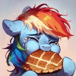 Size: 1024x1024 | Tagged: safe, ai content, derpibooru import, generator:purplesmart.ai, generator:stable diffusion, machine learning generated, rainbow dash, g4, secrets and pies, crying, eating, food, gradient background, just one bite, out of character, pie, prompter needed, solo, spongebob squarepants, this will end in weight gain