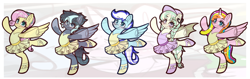 Size: 3290x1045 | Tagged: safe, artist:chiefywiffy, derpibooru import, fluttershy, oc, oc:cazadora tormenta, oc:snowy pop, alicorn, bat pony, pegasus, pony, g4, alicorn oc, alternate hairstyle, ballerina, ballet slippers, bat pony oc, blue eyes, blush lines, blushing, braid, braided ponytail, braided tail, clothes, commission, ear piercing, earring, female, freckles, hat, horn, jewelry, lavender eyes, male, mare, not minuette, obtrusive watermark, oc name needed, pegasus oc, piercing, ponytail, purple eyes, slit eyes, stallion, tail, teal eyes, tutu, watermark, wings, ych result