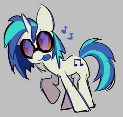 Size: 743x703 | Tagged: safe, artist:appledash3r_, derpibooru import, dj pon-3, vinyl scratch, pony, unicorn, g4, :p, big ears, blue mane, blue tail, blue tongue, colored sketch, colored tongue, ears, female, gray background, horn, looking at you, mare, music notes, raised hoof, raised leg, requested art, simple background, sketch, smiling, smiling at you, solo, standing, standing on three hooves, striped mane, striped tail, tail, tongue, tongue out, two toned mane, two toned tail, vinyl's glasses, white coat