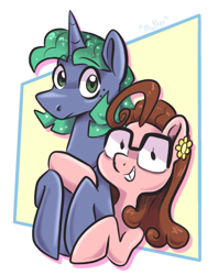 Size: 1279x1613 | Tagged: safe, artist:smirk, derpibooru import, oc, oc only, oc:curlicue, oc:stalwart, duo, freckles, friendship, glasses, offspring, parent:cheese sandwich, parent:pinkie pie, parent:princess luna, parent:stygian, parents:cheesepie, piercing, side hug, simple background, smiling