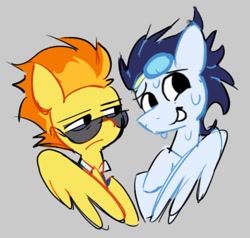 Size: 1110x1057 | Tagged: safe, artist:appledash3r_, derpibooru import, soarin', spitfire, pegasus, pony, g4, blue coat, bust, clothes, colored sketch, drill sergeant, duo, duo male and female, female, frown, goggles, goggles on head, gray background, lidded eyes, light blue coat, looking at someone, male, narrowed eyes, necktie, nervous, nervous smile, no catchlights, no pupils, orange mane, partially open wings, raised hoof, raised leg, requested art, ship:soarinfire, shipping, simple background, sketch, smiling, spiky mane, spitfire is not amused, spitfire's tie, straight, sunglasses, sweat, sweating profusely, two toned mane, unamused, uniform, wings, wings down, wonderbolts dress uniform, yellow coat