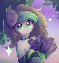 Size: 2500x2670 | Tagged: safe, artist:miryelis, derpibooru import, oc, oc only, oc:opal stone, semi-anthro, bat ears, choker, clothes, commission, cute, female, flower, human shoulders, long hair, looking at you, mare, sky, smiling, socks, solo, sparkles, striped socks