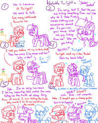 Size: 4779x6013 | Tagged: safe, artist:adorkabletwilightandfriends, derpibooru import, twilight sparkle, twilight sparkle (alicorn), oc, oc:lawrence, oc:rachel, alicorn, comic:adorkable twilight and friends, 404, adorkable, adorkable twilight, apology, box, brother and sister, clothes, comic, confused, cute, dork, embarrassed, embarrassed grin, eyes closed, female, flower, glasses, honesty, male, messy mane, necktie, nervous, nervous smile, nervous sweat, potted plant, sad, secret, siblings, slice of life, smiling, surprised, sweat, sweating profusely, upset, worried