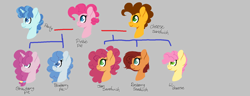 Size: 1632x628 | Tagged: safe, artist:trollertnt, derpibooru import, cheese sandwich, li'l cheese, party favor, pinkie pie, oc, oc:blueberry pie, oc:jam sandwich, oc:raspberry jam, oc:strawberry pie, earth pony, pony, unicorn, g4, cheesepie, family tree, female, gray background, horn, lineless, male, mare, offspring, parent:cheese sandwich, parent:party favor, parent:pinkie pie, parents:cheesepie, parents:partypie, polyamory, ship:partypie, shipping, simple background, stallion, straight