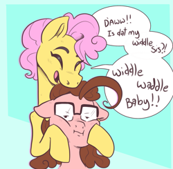 Size: 2243x2194 | Tagged: safe, artist:smirk, derpibooru import, li'l cheese, oc, oc:curlicue, g4, annoyed, baby talk, cheek squish, dialogue, duo, glasses, irritated, offspring, older, older li'l cheese, parent:cheese sandwich, parent:pinkie pie, parents:cheesepie, piercing, sibling teasing, siblings, squishy cheeks