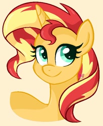 Size: 480x589 | Tagged: safe, artist:czscribbles, derpibooru import, sunset shimmer, pony, unicorn, g4, beige background, bust, female, horn, mare, ms paint, portrait, simple background, smiling, solo