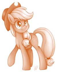 Size: 835x1050 | Tagged: safe, artist:czscribbles, derpibooru import, part of a set, applejack, earth pony, pony, g4, applejack's hat, clothes, cowboy hat, female, food, freckles, hat, mare, monochrome, orange, raised hoof, raised leg, simple background, smiling, solo, white background