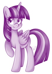 Size: 769x1085 | Tagged: safe, artist:czscribbles, derpibooru import, part of a set, twilight sparkle, twilight sparkle (alicorn), alicorn, pony, g4, female, folded wings, mare, monochrome, purple, raised hoof, raised leg, signature, simple background, smiling, solo, white background, wings