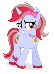 Size: 2055x2845 | Tagged: safe, artist:starshade, derpibooru import, oc, oc only, oc:cinnamon lightning, pony, unicorn, base used, bell, bell collar, blue coat, blush lines, blushing, bow, collar, colored hooves, commission, eyelashes, female, female oc, hair accessory, hair bow, hooves, horn, long mane, long tail, looking away, mane accessory, mare, mare oc, orange eyes, pink collar, raised leg, red hooves, shadow, show accurate, simple background, smiling, solo, standing on three hooves, striped mane, striped tail, tail, two toned mane, two toned tail, unicorn horn, unicorn oc, unshorn fetlocks, white background