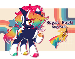 Size: 827x654 | Tagged: safe, artist:mimaoartz, derpibooru import, oc, oc:royal rott, pony, unicorn, g4, coat markings, colored hooves, freckles, golden eyes, hooves, horn, light yellow background, looking to side, looking to the right, multicolored body, multicolored hair, multicolored hooves, nonbinary, open mouth, rainbow, rainbow gradient, rainbow hair, rainbow tail, raised hoof, raised leg, rarity eyes, short tail, socks (coat marking), solo, standing on three hooves, tail