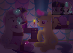 Size: 2200x1609 | Tagged: safe, artist:cardshark777, derpibooru import, part of a series, part of a set, lemon hearts, twilight sparkle, twinkleshine, unicorn twilight, pony, unicorn, g4, 3 panel comic, ballgag, bondage, bound and gagged, candle, comic, dark, desk, digital art, female, gag, horn, horn ring, hug, hug from behind, looking at each other, looking at someone, looking back, looking down, magic, magic suppression, mare, part 1, ring, rope, rope bondage, shading, telekinesis, tied up, trio