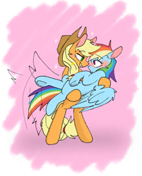 Size: 1207x1498 | Tagged: safe, artist:kosshkkosshk1, derpibooru import, applejack, rainbow dash, earth pony, pegasus, pony, g4, appledash, applejack's hat, bedroom eyes, behaving like a dog, bipedal, blushing, clothes, cowboy hat, duo, duo female, female, hairband, hat, holding, holding a pony, lesbian, looking at each other, looking at someone, mare, shipping, smiling, smiling at someone, sparkles, straw in mouth, tail, tail wag