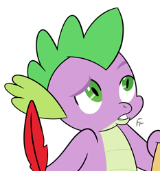 Size: 1663x1782 | Tagged: safe, artist:frownfactory, derpibooru import, spike, dragon, g4, feather, male, quill, simple background, solo, transparent background, wingless spike