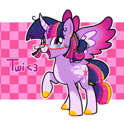 Size: 894x894 | Tagged: source needed, safe, artist:mimaoartz, derpibooru import, twilight sparkle, twilight sparkle (alicorn), alicorn, pony, g4, checkered background, coat markings, colored hooves, ear piercing, earring, glasses, hooves, jewelry, piercing, smiling, socks (coat marking), solo