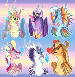 Size: 884x904 | Tagged: safe, artist:lightry, derpibooru import, applejack, fluttershy, pinkie pie, rainbow dash, rarity, twilight sparkle, dragon, pony, g4, bust, chest fluff, crown, dragonified, dragonjack, flutterdragon, forked tongue, jewelry, mane six, peytral, pinkiedragon, rainbow dragon, raridragon, regalia, species swap, tongue, tongue out, twilidragon