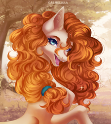 Size: 1800x2000 | Tagged: safe, artist:carmelissa, derpibooru import, pear butter, earth pony, pony, g4, bust, female, mare, open mouth, open smile, outdoors, smiling, solo