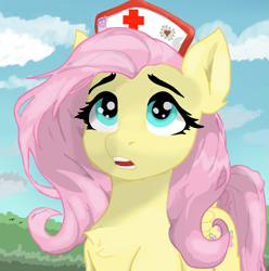 Size: 805x810 | Tagged: safe, artist:minecake, derpibooru import, fluttershy, pegasus, pony, g4, cloud, hat, looking up, nurse hat, outdoors, solo, surprised