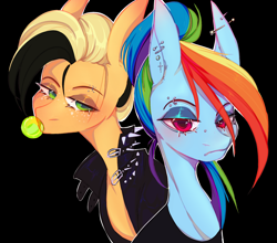 Size: 2048x1804 | Tagged: safe, artist:s1b3r, derpibooru import, applejack, rainbow dash, earth pony, pegasus, pony, g4, appledash, black background, bubblegum, bust, clothes, duo, duo female, dyed mane, ear piercing, earring, eyebrow piercing, female, food, frown, gum, jacket, jewelry, leather, leather jacket, lesbian, lidded eyes, looking at you, mare, piercing, punk, shipping, simple background, thin, tomboy