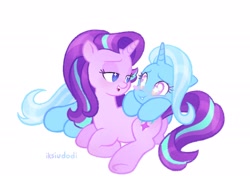 Size: 2048x1576 | Tagged: safe, artist:iksiudodi_, derpibooru import, starlight glimmer, trixie, pony, unicorn, g4, blushing, duo, female, horn, lesbian, lidded eyes, looking at each other, looking at someone, shipping, simple background, starry eyes, startrix, white background, wingding eyes