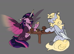 Size: 1874x1385 | Tagged: safe, artist:cerulean-crow, derpibooru import, derpy hooves, twilight sparkle, twilight sparkle (alicorn), alicorn, pegasus, pony, g4, alternate design, coat markings, colored wings, cup, duo, duo female, ears, eating, eyes closed, female, floppy ears, food, gray background, lesbian, mare, muffin, open mouth, open smile, ship:twerpy, shipping, simple background, smiling, spread wings, teacup, wings, wip