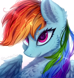 Size: 1970x2048 | Tagged: safe, artist:sunnekochan, derpibooru import, rainbow dash, pegasus, pony, g4, ear fluff, ears, female, high res, mare, partially open wings, signature, simple background, smiling, solo, white background, wings